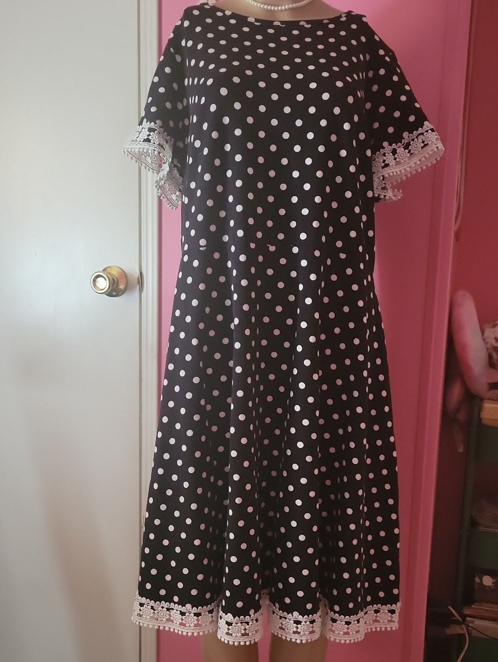 Dorothy Perkins Black Polka Dot Midi Dress with White Crochet Trim